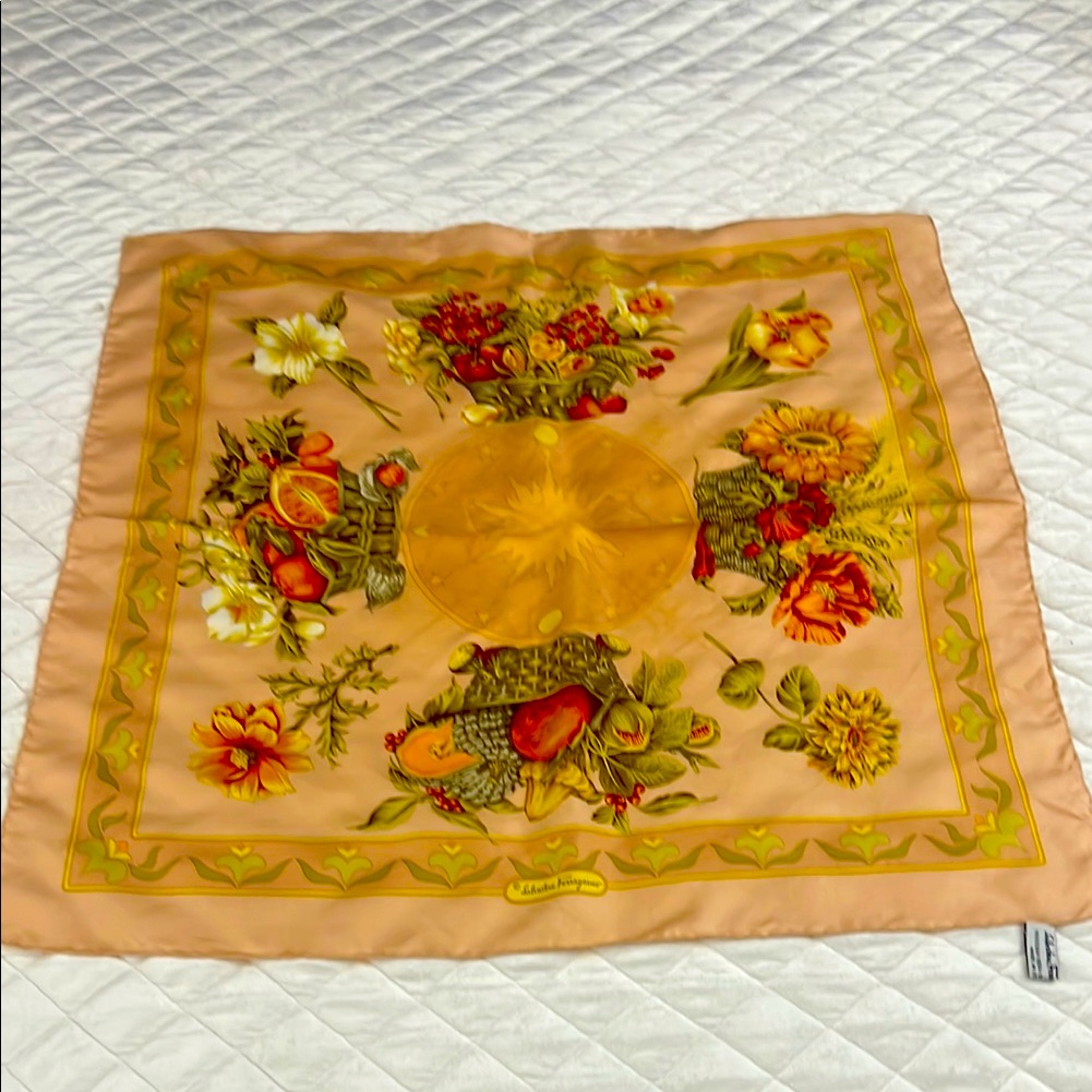 VinSalvatore Ferragamo Silk Scarf With Salmon Pink And Yellow Accents